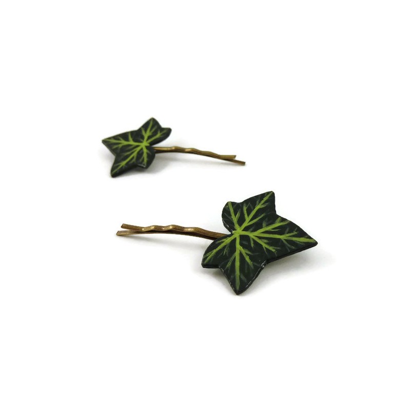 Set of 2 green ivy leaves hair pins Savousépate